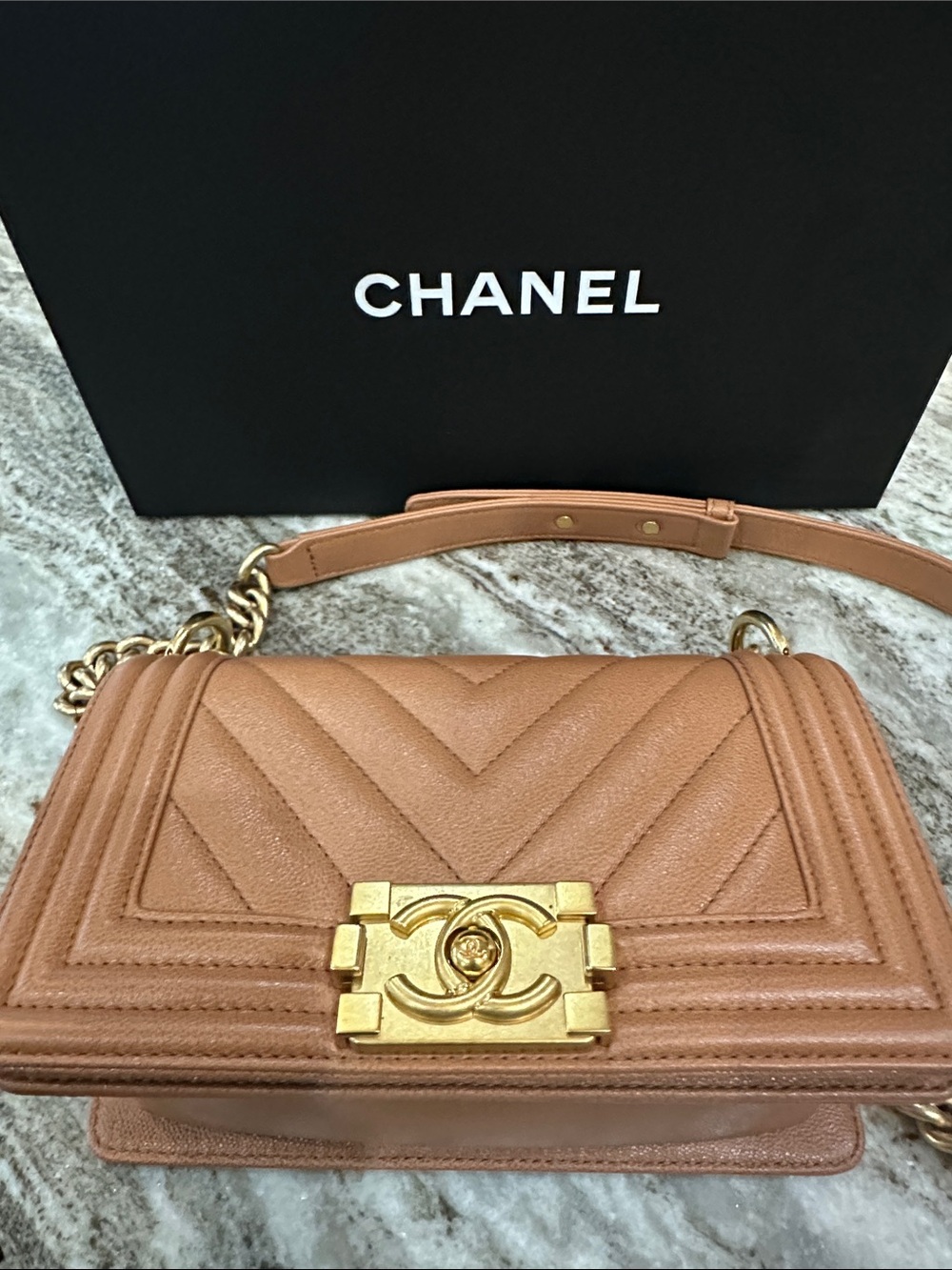 CHANEL Chevron Quilted Boy Flap Bag with Gold Hardware small Tan